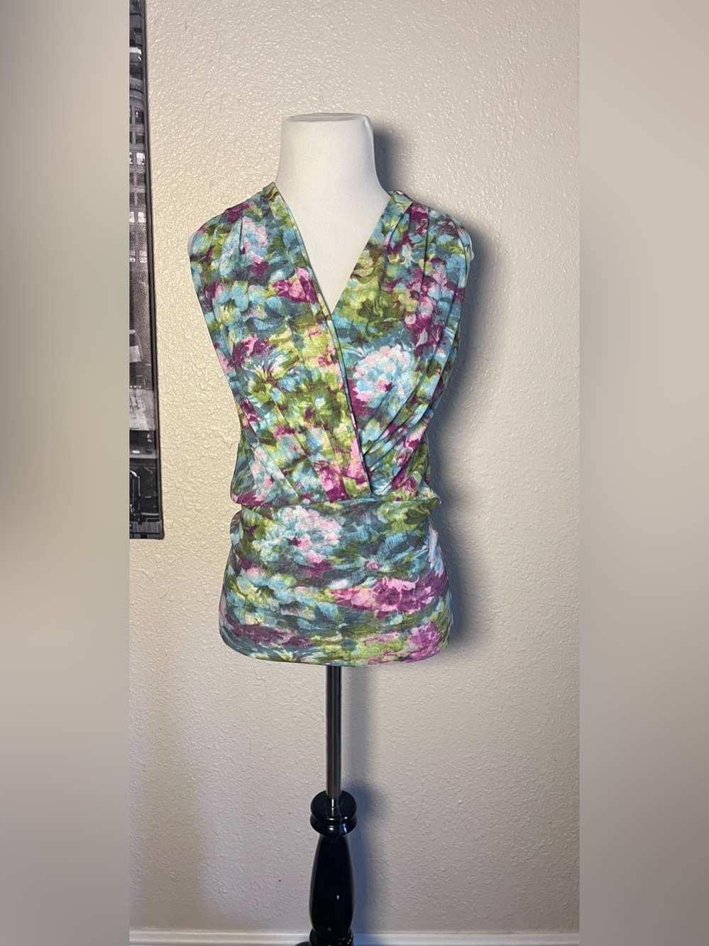 Karen Kane Floral Surplice Sleeveless Top in Blue Green Purple